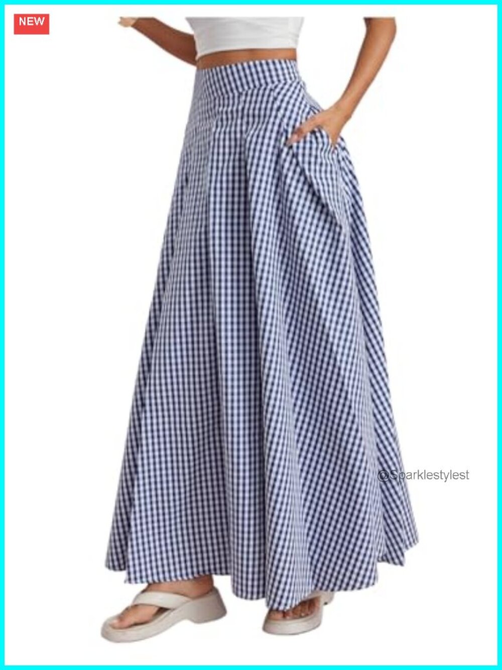 Plaid Gingham Maxi Skirt High Waist Flowy with Pockets